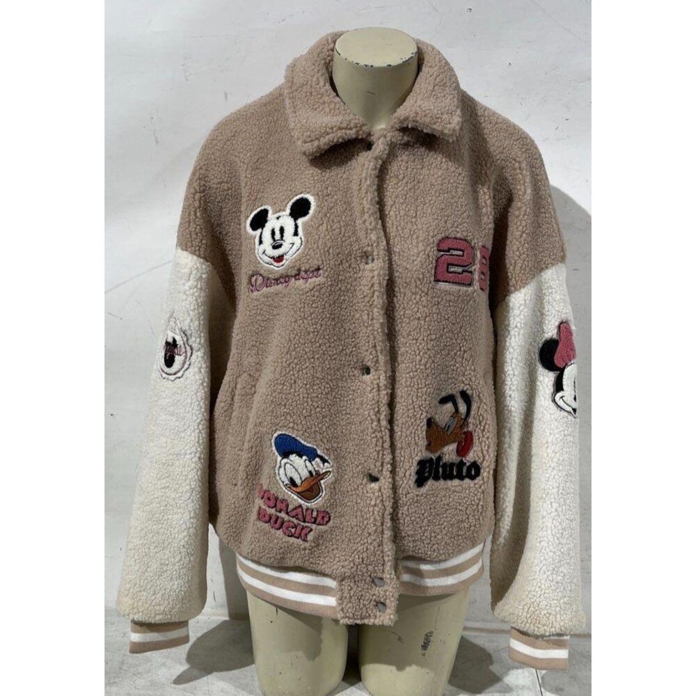 Disney x Forever 21 Mickey & Friends Sherpa Varsity Jacket Tan Cream